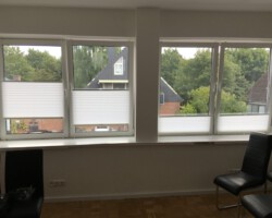 Plissees als Sicht- und Sonnenschutz weisse Plissees an vier nebeneinanderliegenden Fenstern im Dachgeschoss als Sicht- und Sonnenschutz